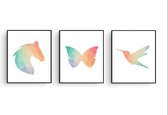 Postercity - Design Canvas Poster Set Geometrische Paard Vlinder en Kolibri - Specht / Kinderkamer / Dieren Poster / Babykamer - Kinderposter / Babyshower Cadeau / Muurdecoratie / 70 x 50cm