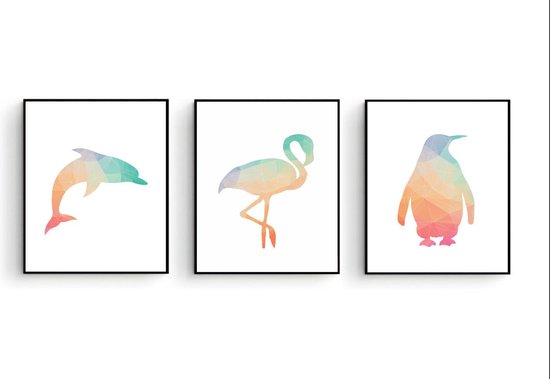 Postercity - Design Canvas Poster Set Geometrische Dolfijn Flamingo en Pinguin / Kinderkamer / Dieren Poster / Babykamer - Kinderposter / Babyshower Cadeau / Muurdecoratie / 40 x 30cm / A3