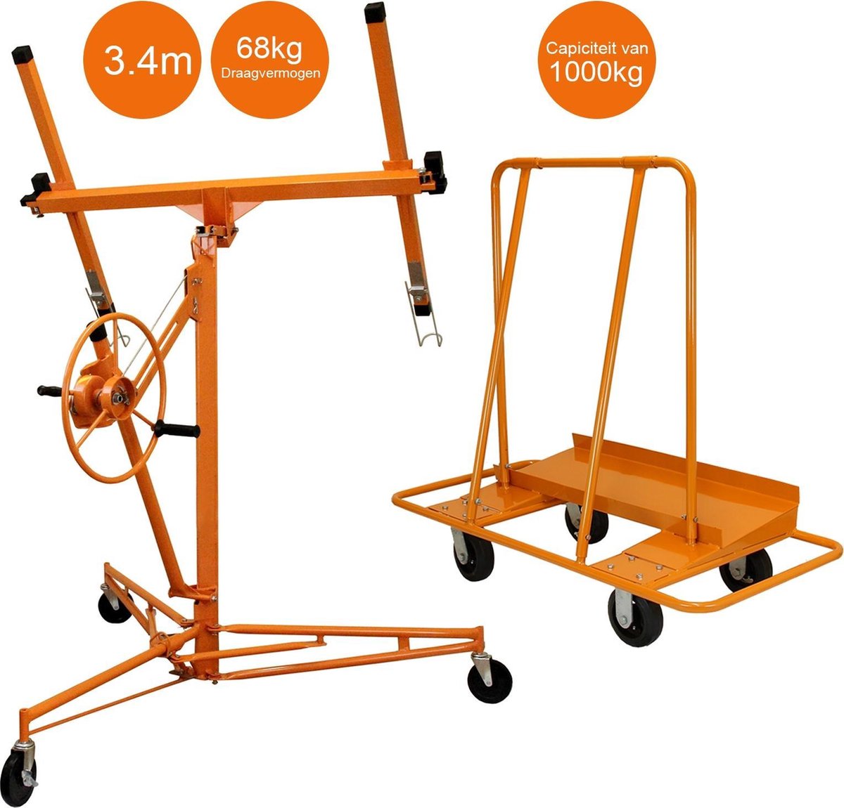 Platenlift voor gipsplatsen - 3.5 meter max werkhoogte + Trolley - Panelen - verrijdbaar met zwenkwielen - geschikt voor panelen tussen 1.2 m en 4.9 m