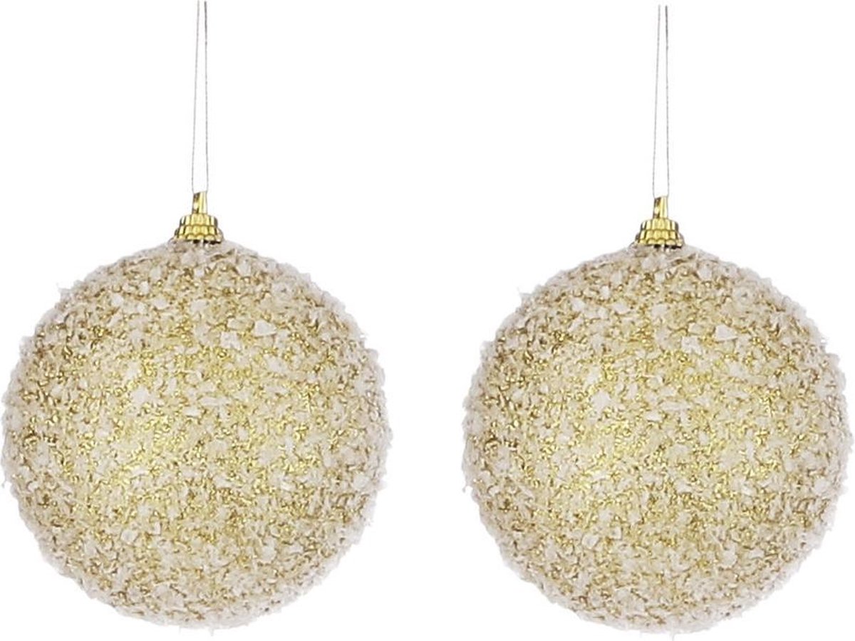 6x Gouden kunststof kerstballen met witte sneeuw afwerking 8 cm - Kerstboomversiering/kerstversiering/boomversiering