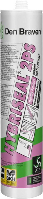 Den Braven Hybriseal 2PS kitkoker, antracietgrijs met roze en groene accenten. Tekst: 'Den Braven', 'Hybriseal 2PS', 'MULTI PAINTABLE'.