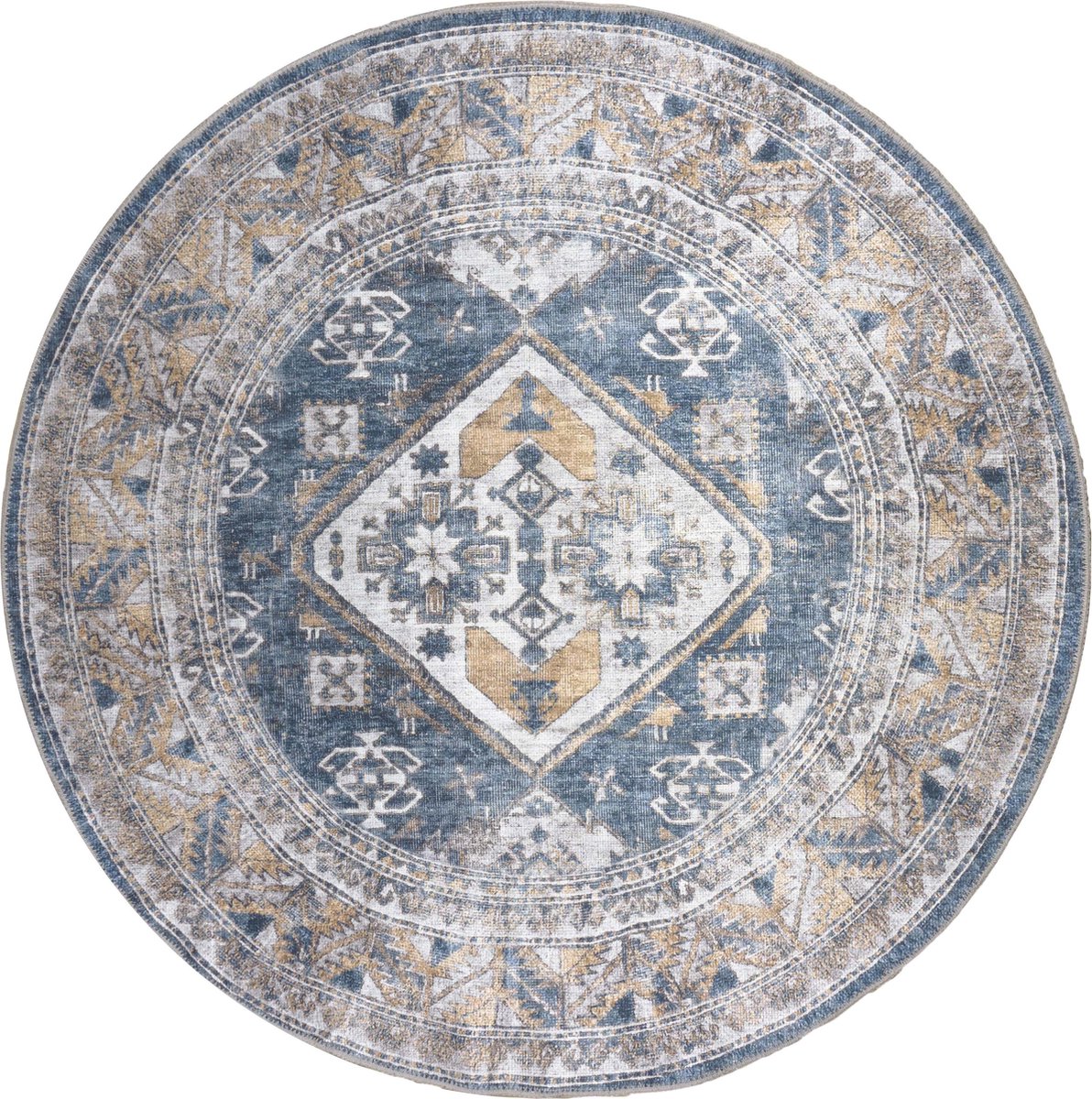 Veer Carpets Vloerkleed Laria Blue 4 Rond - ø160 cm - Laagpolig – Vintage / Klassiek Medaillon Blauw