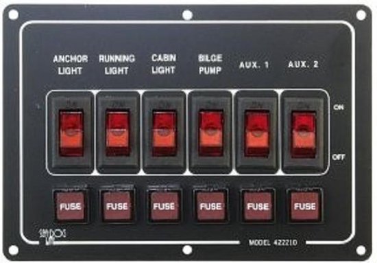 Schakelpaneel - Horizontaal met 12 V en 6 schakelaars - Zwart