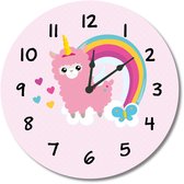 Kinderklok alpaca/lama, eenhoorn, regenboog met vlinder roze | STIL UURWERK | wandklok van kunststof/aluminium voor kinderkamer en babykamer- decoratie accessoires - meisjes slaapkamer