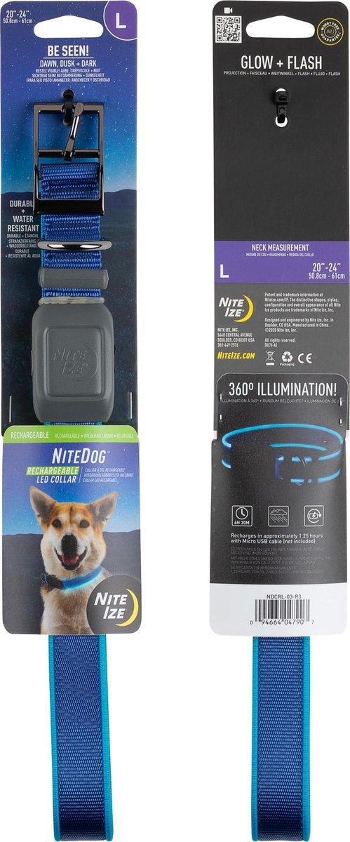 Nite Ize NITEDOG Herlaadbare Led halsband voor een Hond Blauw Large 20" - 24" | 50.8cm - 61cm