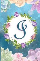 I: Watercolor Monogram Handwritten Initial I with Vintage Retro Floral Wreath Elements - College Ruled Lined Writing Jour