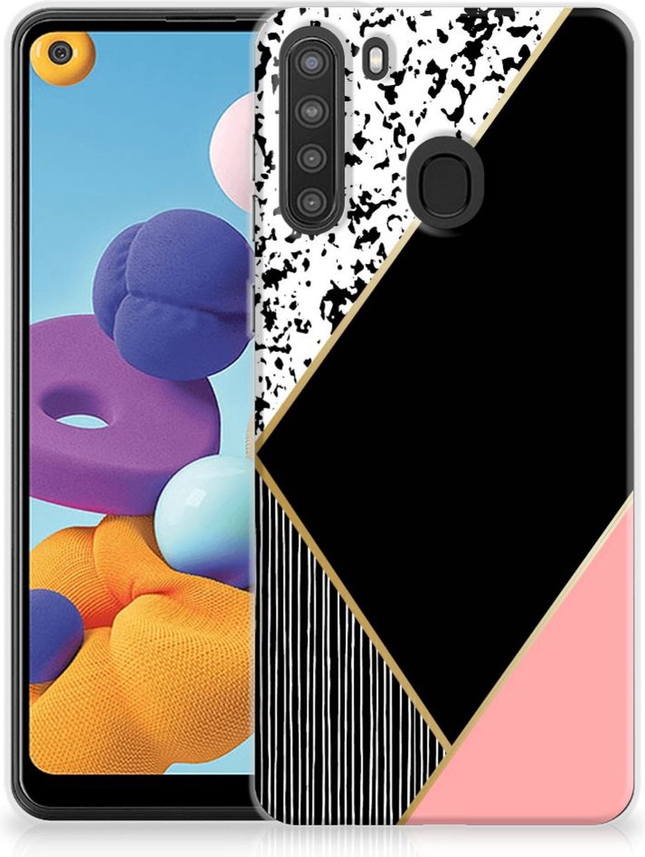 Samsung Galaxy A21 TPU Hoesje Zwart Roze Vormen