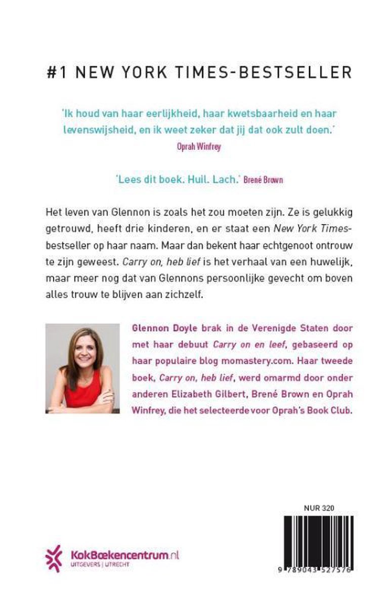 Foto van Glennon Doyle in rode top, lachend. Rug van het boek #1 NEW YORK TIMES-BESTSELLER.