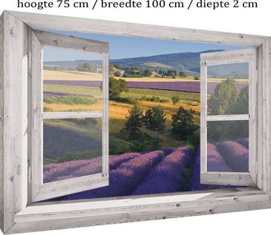 Buitencanvas op houten frame gespannen - 70x100x2 cm - Wit venster met Lavendel - tuin decoratie - tuinposter - tuinposters buiten