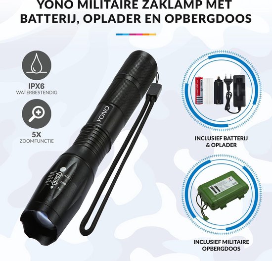 YONO Militaire Zaklamp Oplaadbaar - Inclusief Batterij en Oplader –... bol.com