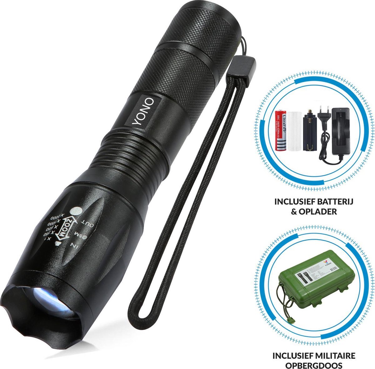 YONO Militaire Zaklamp LED Oplaadbaar - Inclusief Batterij en Oplader – Waterbestendige Zaklantaarn