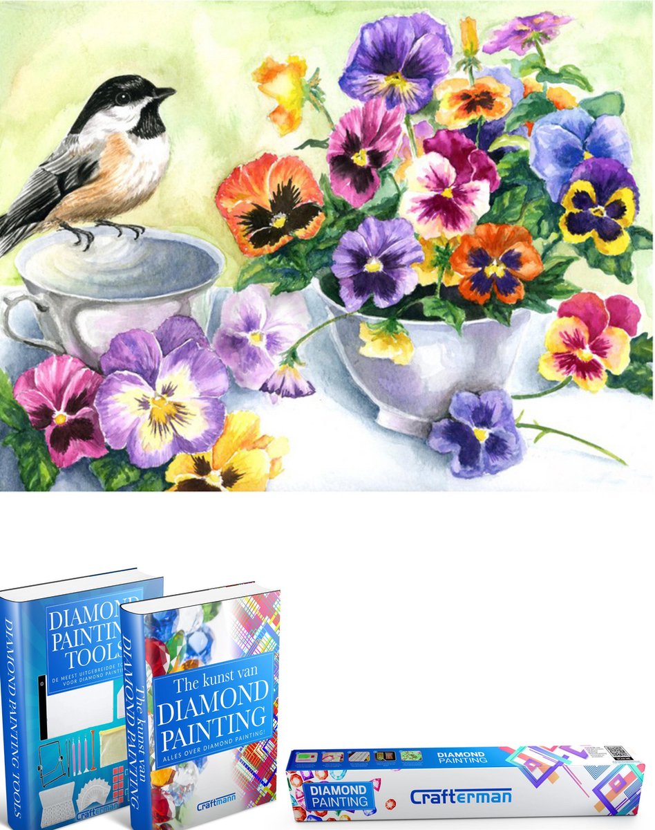 Crafterman™ Diamond Painting Pakket Volwassenen - Vogel met bloemen (Viooltjes) - 50x40cm - volledige bedekking - vierkante steentjes - 43 verschillende kleuren - hobby pakket - Met tijdelijk 2 E-Books