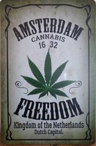 Amsterdam Cannabis Freedom Reclamebord van metaal METALEN-WANDBORD - MUURPLAAT - VINTAGE - RETRO - HORECA- BORD-WANDDECORATIE -TEKSTBORD - DECORATIEBORD - RECLAMEPLAAT - WANDPLAAT