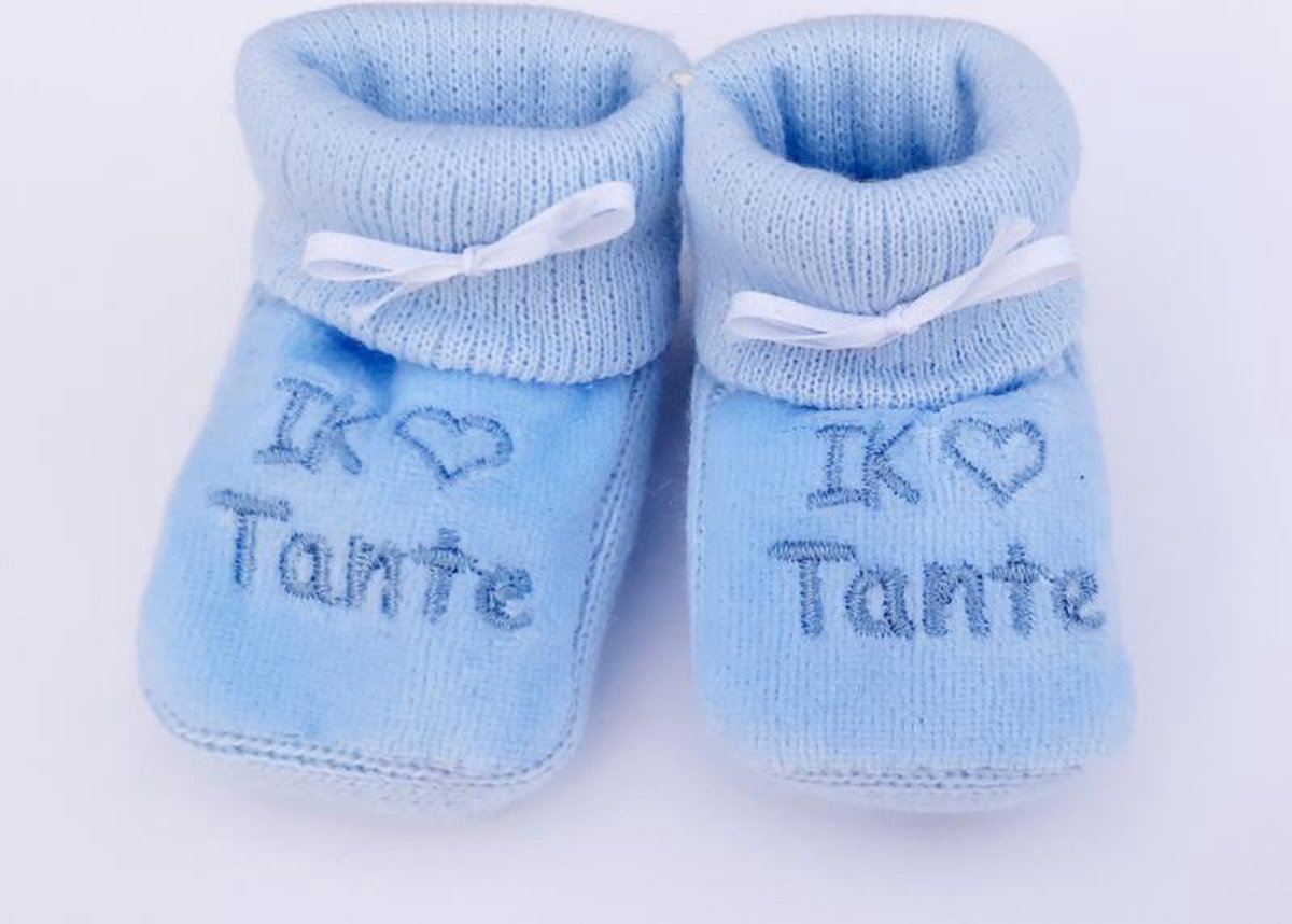 Kraamcadeau - Petit Villain Newborn Slofjes - I love Tante - Blauw - 0-3 maanden