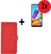 Samsung Galaxy A21 hoes Effen Wallet Bookcase Hoesje Cover Rood + 2x Tempered Gehard Glas / Glazen screenprotector (2 stuks) Pearlycase