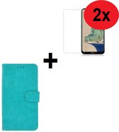 Nokia 2.3 hoesje Wallet Bookcase Effen Cover Turquoise + 2x Screenprotector Tempered Gehard Glas / Glazen (2 stuks)