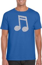 Zilveren muziek noot  / muziek feest t-shirt / kleding - blauw - voor heren - muziek shirts / muziek liefhebber / outfit M