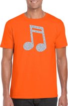 Zilveren muziek noot  / muziek feest t-shirt / kleding - oranje - voor heren - muziek shirts / muziek liefhebber / outfit S