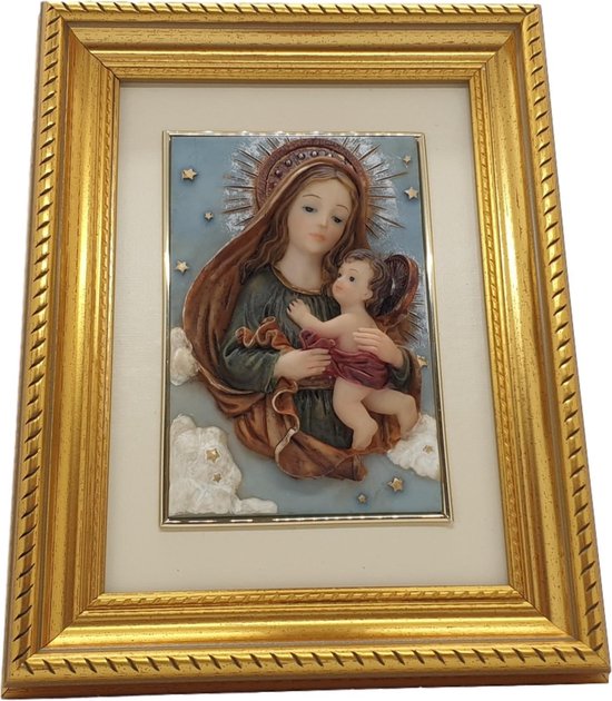 Schilderij 3d woonkamer en andere kamers decoratie – schilderijen gemaakt van polyresin Maria en Jezus 22 x 7 cm | GerichteKeuze