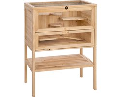 tectake® Houten Hamsterkooi - Kooi voor Kleine Dieren met Meerdere Niveaus - Muizenkooi met Scharnierend Deksel - Knaagdierenkooi Inclusief Opklapbare Helling - Voor Kleine Knaagdieren - 60 x 40 x 80 cm
