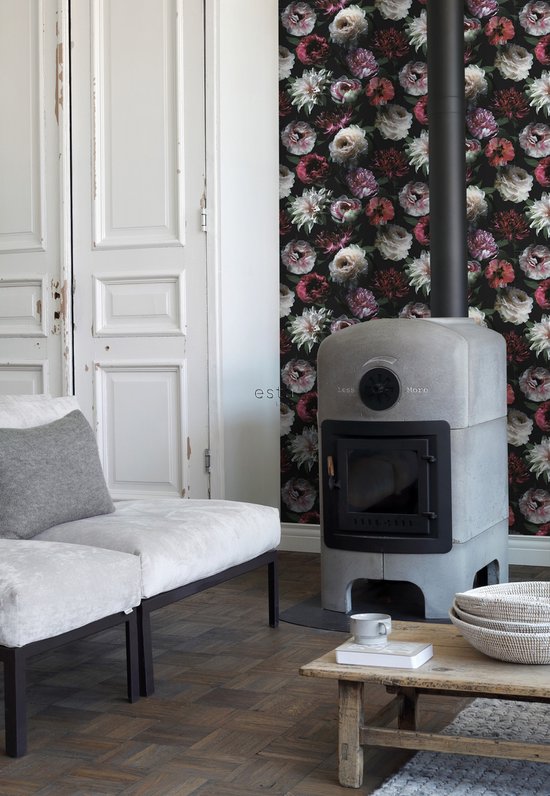 Proefstaal ESTAhome behang bloemen roze, zwart en donkergroen - 139168 - 26,5 x 21 cm