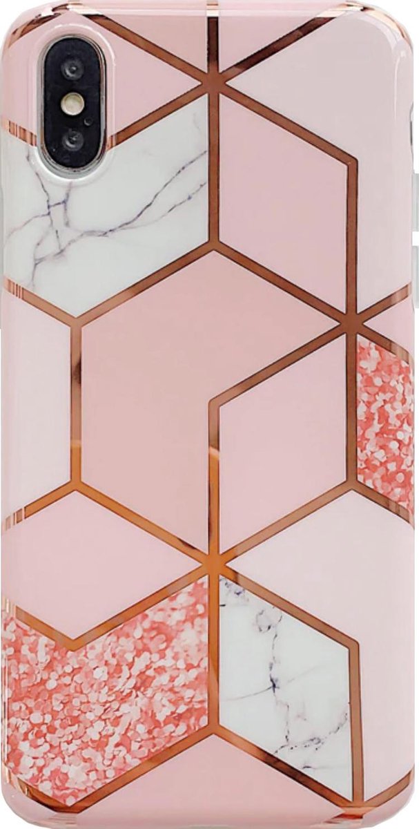 Geschikt voor Apple iPhone X - XS Backcover - Roze / Wit - Marmer - Soft TPU hoesje