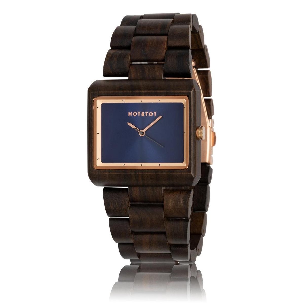 HOTTOT | Dawn - Houten horloge voor heren - Vierkant - 40mm - Ebben hout - Bruin - Blauw - Roségoud