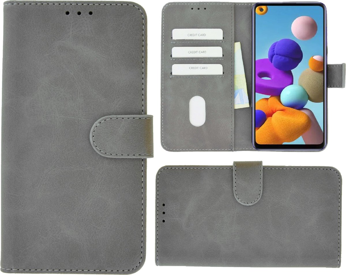 geschikt voor Samsung Galaxy A21s hoes Effen Wallet Bookcase Hoesje Cover Grijs Pearlycase op Prijzenvolger.com