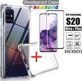 SAMSUNG Galaxy S20 Plus ShockProof Case, Transparant (Siliconen TPU Soft ) + Screenprotector, Tempered Glass 2.5D 9H 0.3mm - HiCHiCO