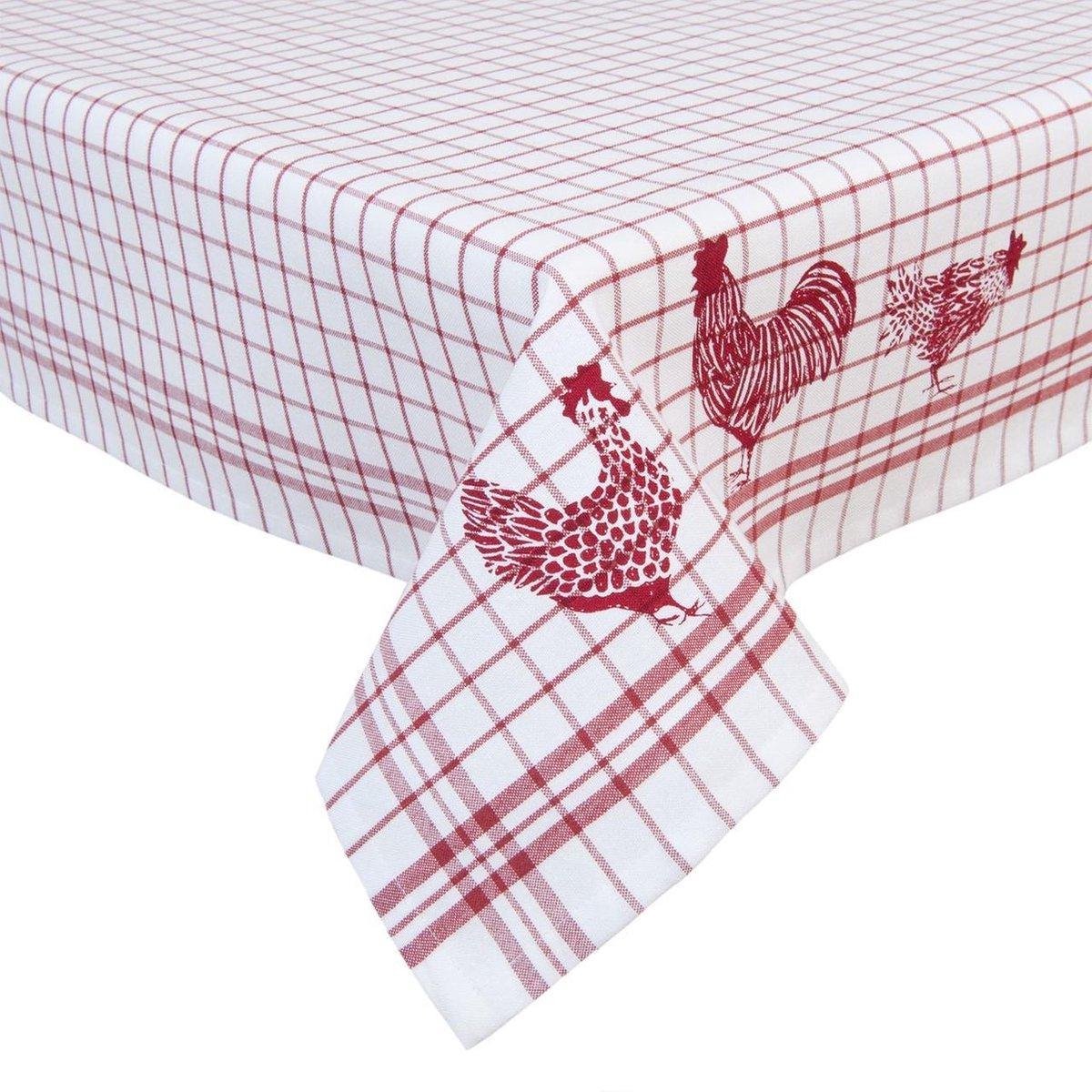 Clayre & Eef - Tafelkleed - textielserie Landelijk - geruit - Kippen & Hanen - 100 x 100 cm - rood - Clayre & Eef