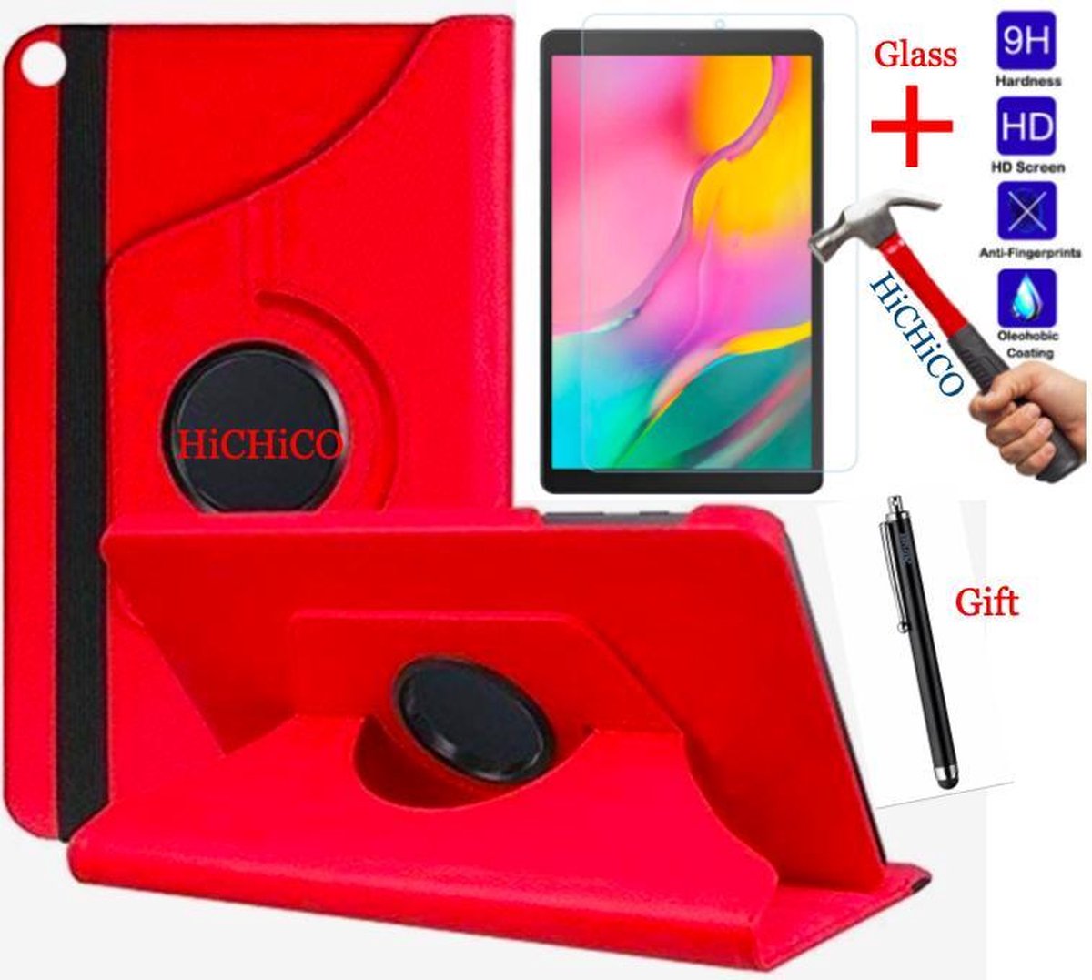 Samsung Galaxy Tab A 10.1 (2019) SM-T510, HiCHiCO Tablet Hoes 360° draaistand Cover Tablet hoesje Rood met Stylus Pen + Screen Protector