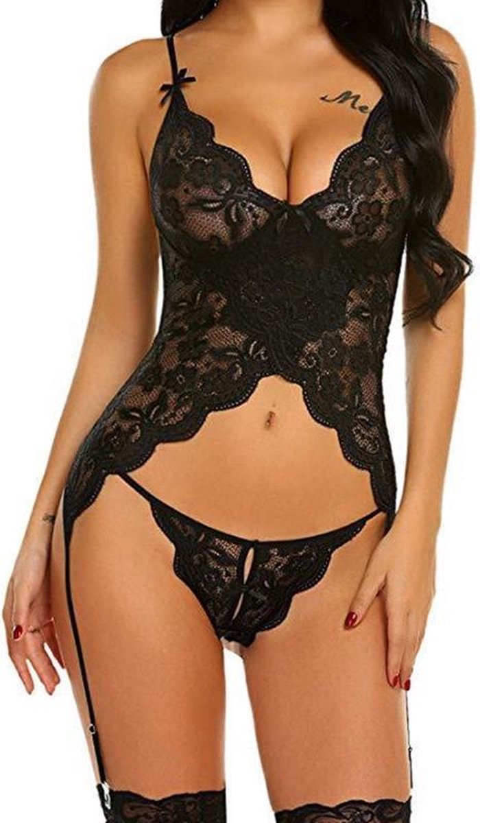 Zwarte Kanten Body met jarretel bandjes - Asthora Black