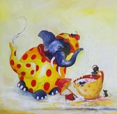 Schilderij: Thee met tuiten  30 x 30 cm ( keuken - wanddecoratie- kunst- - art - kinderen- dames- kamer- decoratie- olifant - theetijd - verjaardagen - geel - muizen - theepotje -