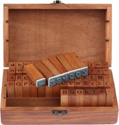 Boîte à timbres - alphabet, lettres et chiffres - Timbres en bois - 70 pièces