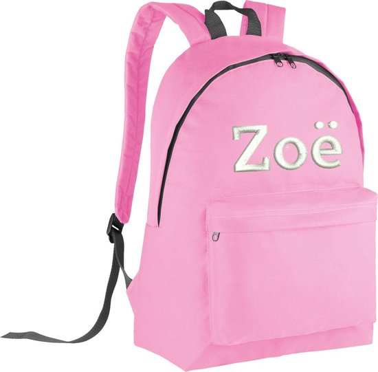 Foto: Schooltas met naam roze geborduurd 16 verschillende kleuren gepersonaliseerd