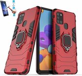 Samsung Galaxy A21s Robuust Kickstand Shockproof Rood Cover Case Hoesje - 1 x Tempered Glass Screenprotector ATBL