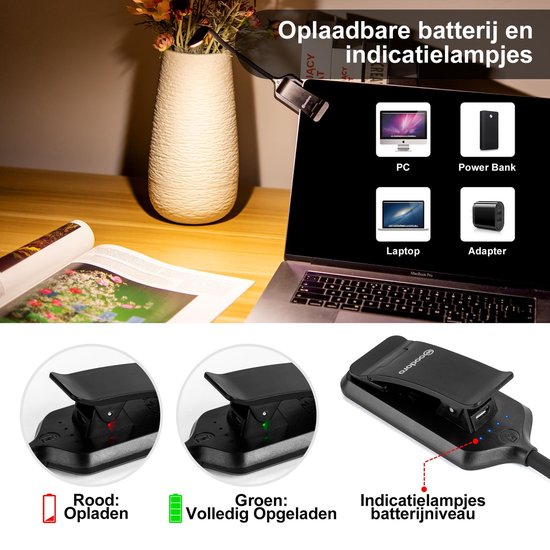 Amber LED Light Leeslampje – Leeslampje Bed – Leeslampje Met Klem – 3 Lichtstanden & Dimbaar – Incl. USB Oplaadkabel – Oog Vriendelijk