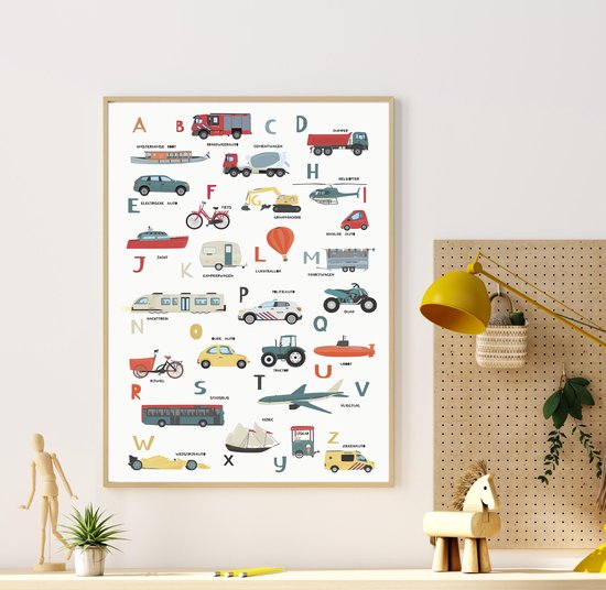 Voertuigen Alfabet Poster voor Kinderkamer - Auto Alfabet poster Nederlands 40x60 cm - Kinderkamer Decoratie - Monstars