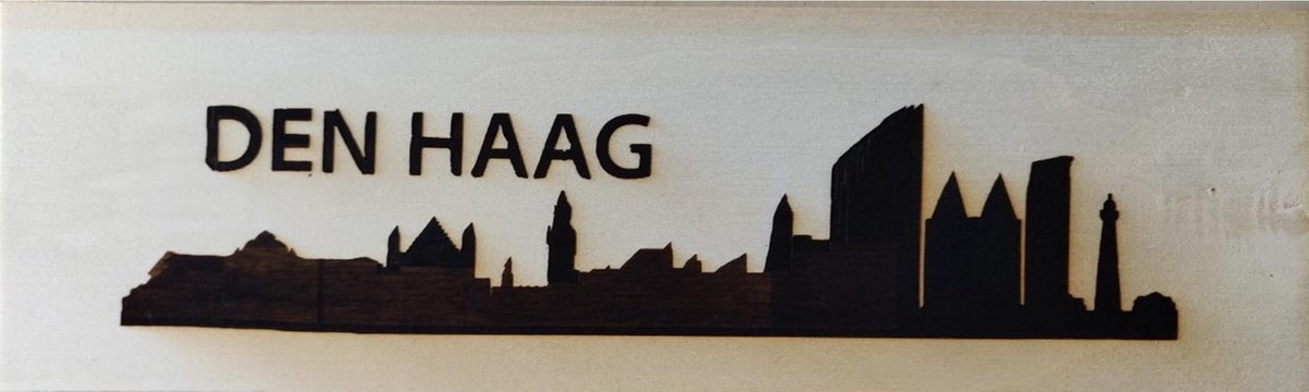 Houten skyline Den Haag - Gebrand hout - Wanddecoratie / muurdecoratie - 38cm x 11.5cm x 12mm - Binnenhof - Populierenhout