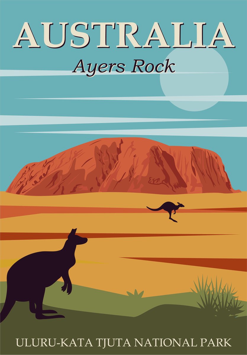 Esque Vintage poster Australië - Ayers Rock - Kangoeroes - Travel / Reis Poster - Retro - Large 70x50 Oranje