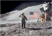 Astronaut gives salute beside U.S. flag (maanlanding) - Foto op Forex - 70 x 50 cm