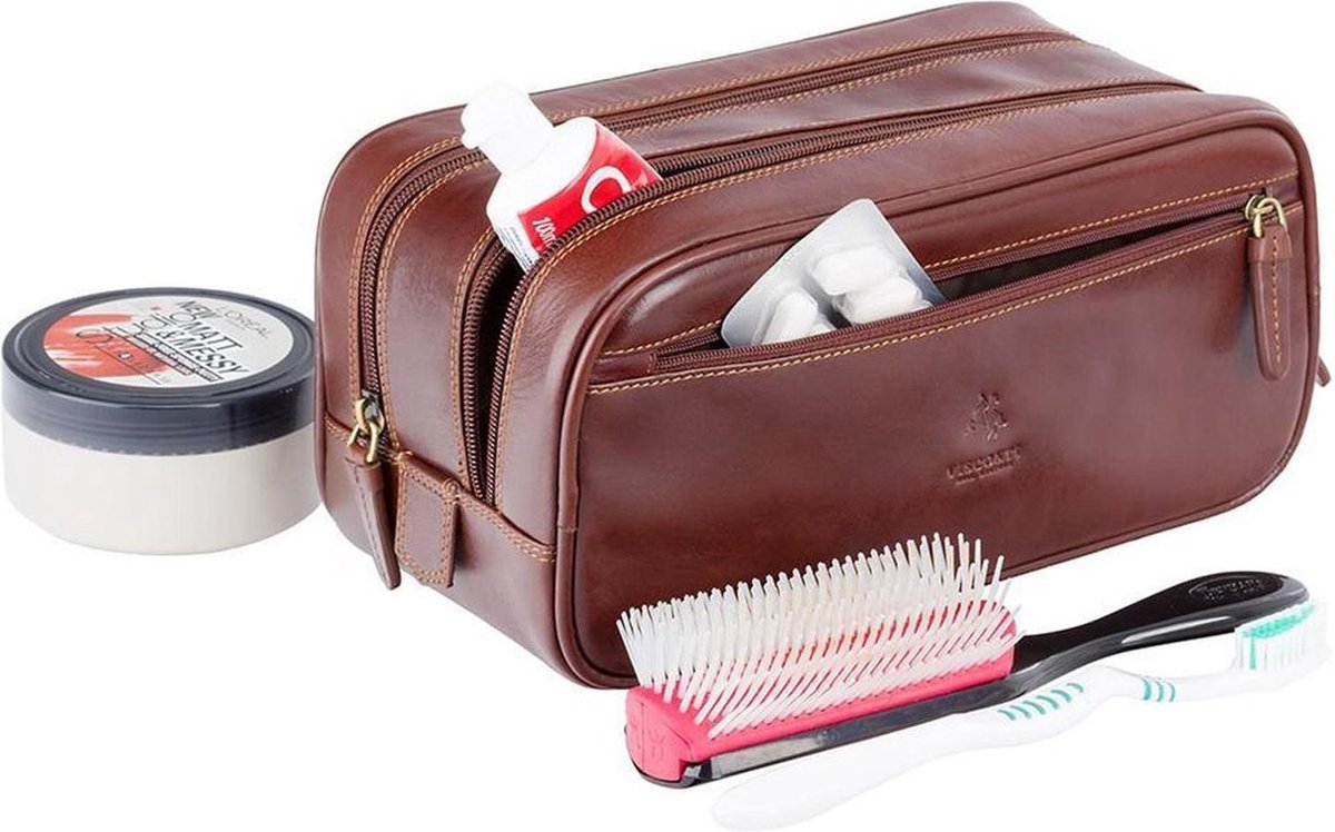 Visconti Leren Toilettas - Dopp Kit Heren - Reis Toiletzak Mannen - Leer - Bruin (MZ100)