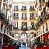 JJ-Art (Canvas) | Restaurants en terrassen in Barcelona, Spanje in olieverf look - woonkamer | abstract, stad, modern, sfeer | Foto schilderij print op Canvas (canvas wanddecoratie) | KIES JE