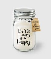 Kaars - Don't worry be happy - Lichte vanille geur - In glazen pot - In cadeauverpakking met gekleurd lint