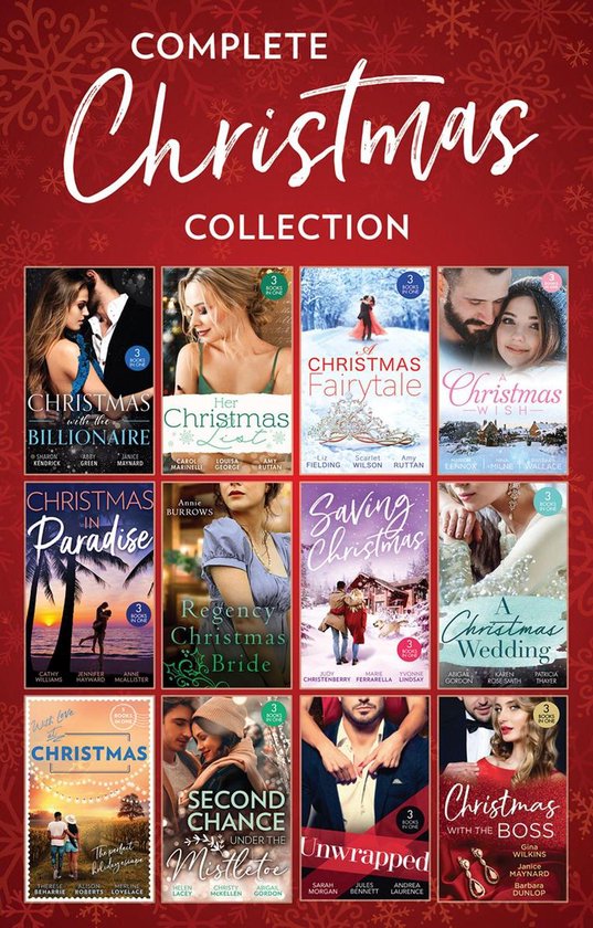 Collectie boekcovers met kerstthema, waaronder 'Christmas with the Billionaire', 'Her Christmas List', 'Christmas Fairytale', 'A Christmas Wish', 'Christmas in Paradise', 'Regency Christmas Bride', 'Saving Christmas' en 'A Christmas Wedding'.
