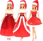 Modepoppen kerstkleding: Set met 3 kerstvrouw jurkjes met kerstmuts - past op barbie