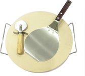 Complete 4 delige Pizzasteen Set – Incl. Pizzasteen & Pizzaschep & Pizzasnijder- BBQ & Oven – RVS & Cordieriet  - Ø 33 cm