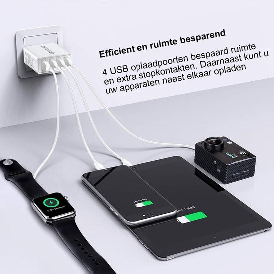 USB Oplaadstekker met 4 poorten, 1 snellaad poort Kleur Zwart Opladen binnen 40 minuten 4