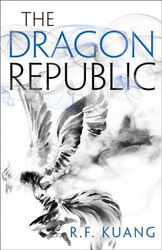 Boekcover met de titel "The Dragon Republic" in blauw en zwart, met een gestileerde vogel en rook.