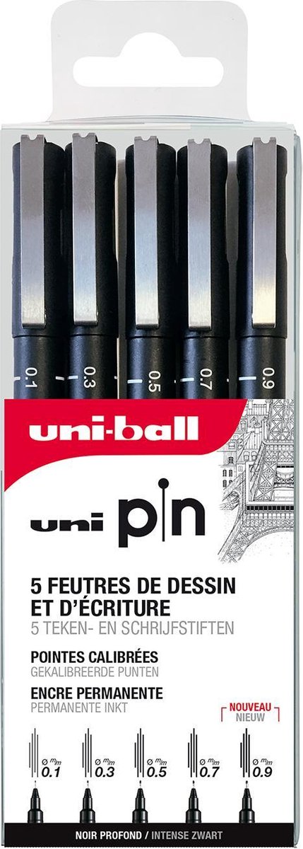 Uni Pin tekenstift - Zwart 5-delige set